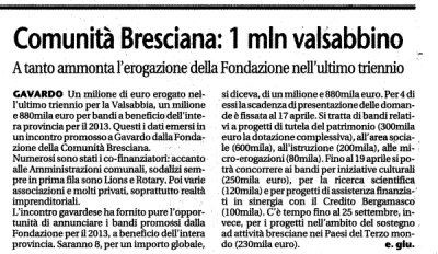 Comunità bresciana: 1 mln valsabbino
