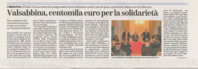 Valsabbina, 100mila euro per la solidarietà