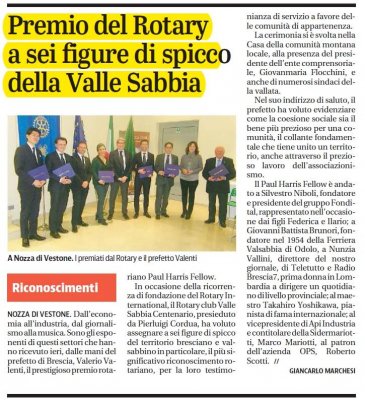 Premio del Rotary a sei figure di spicco della Valle Sabbia